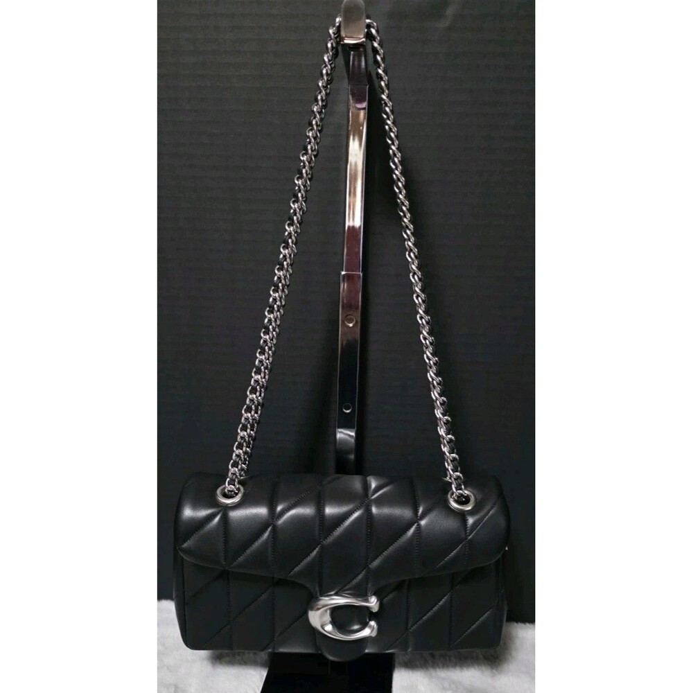 COACH Quilted Tabby 26 Bag Black Nappa Leather Silver Chain hardware